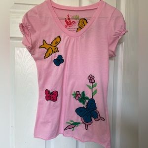 Pink Embroidered Butterfly Bird Flower T-shirt